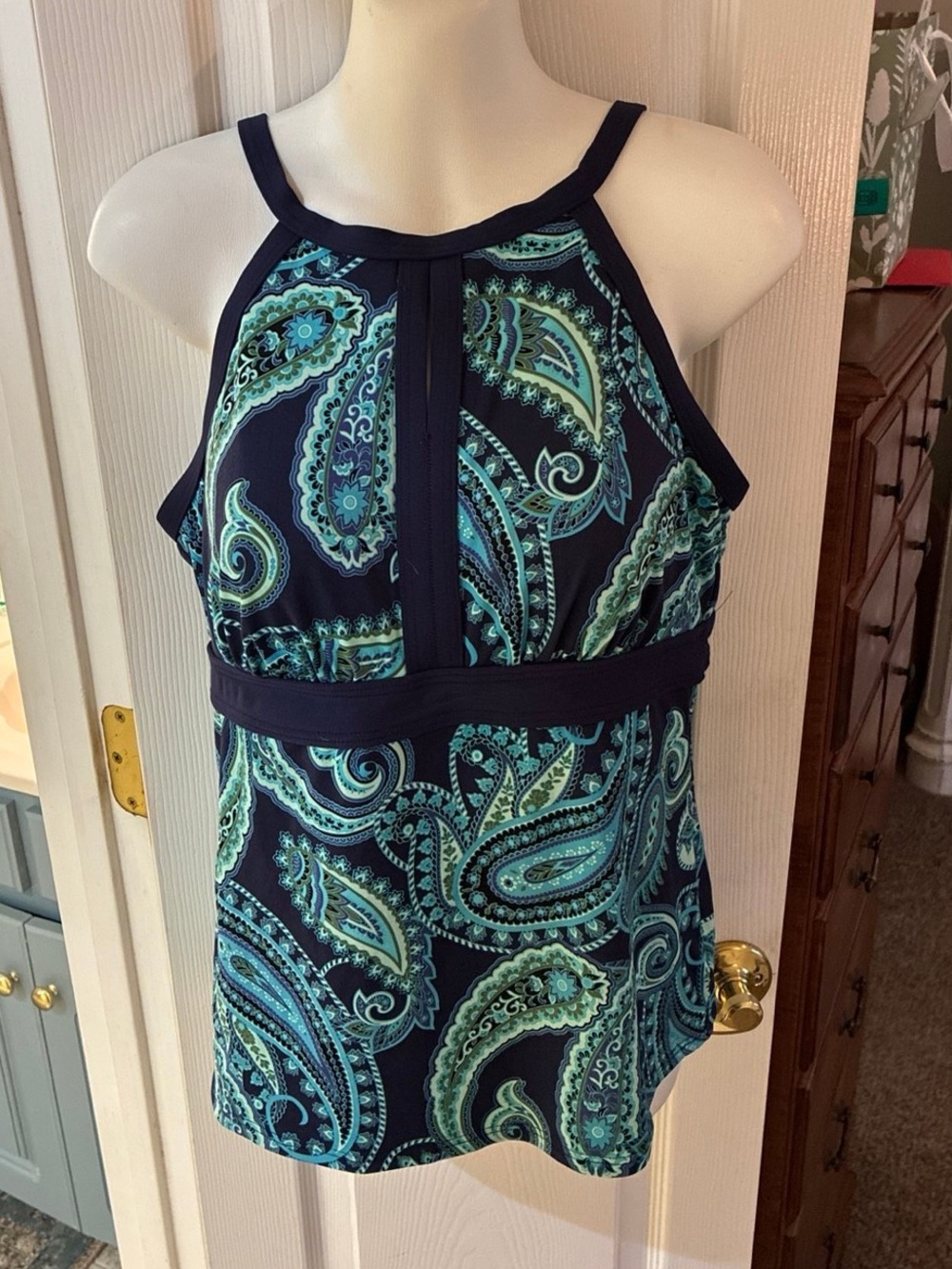 Lands End Navy Blue Aqua Paisley Swim Tankini Top SZ 10D